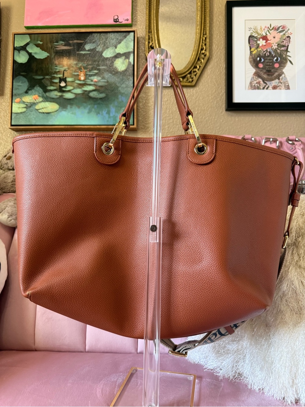 💯Auth! Emporio Armani Saddle Brown Leather Bag Tote Branded Strap Gold Hardware - Picture 3 of 16